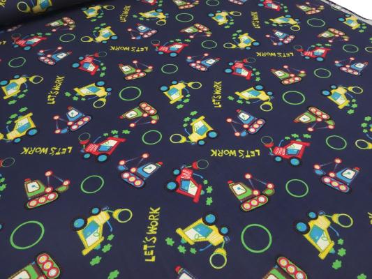Stoff Baumwolle Jersey mit Bagger Traktor Trecker Design blau rot grün gelb türkis bunt Kinderstoff Kleiderstoff