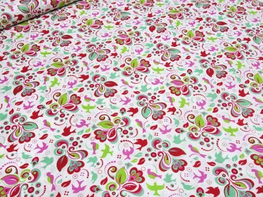 Stoff Baumwolle Popeline Tante Ema Blumenmuster Design weiß grün rot bunt Kleiderstoff Blusenstoff Kinderstoff Dekostoff​