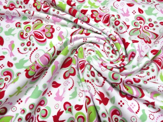 Stoff Baumwolle Jersey mit Blumen Ranken Vögel Design weiss grün rot rosa mint Kinderstoffe Kleiderstoffe