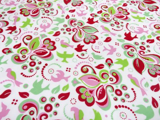 Stoff Baumwolle Jersey mit Blumen Ranken Vögel Design weiss grün rot rosa mint Kinderstoffe Kleiderstoffe