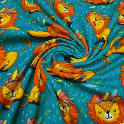 Stoff Baumwolle Jersey mit Löwe Löwen Design petrol orange bunt Kinderstoff Kleiderstoff