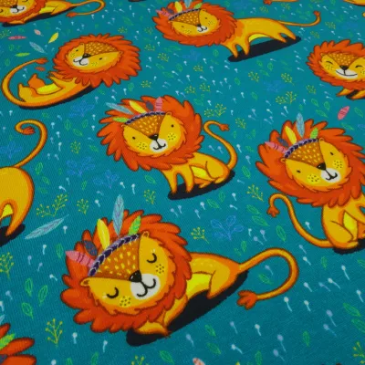 Stoff Baumwolle Jersey mit Löwe Löwen Design petrol orange bunt Kinderstoff Kleiderstoff