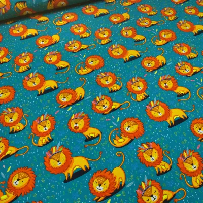 Stoff Baumwolle Jersey mit Löwe Löwen Design petrol orange bunt Kinderstoff Kleiderstoff