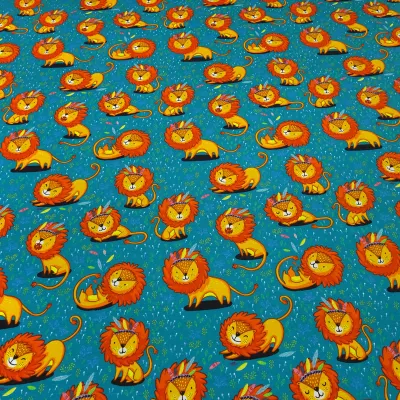 Stoff Baumwolle Jersey mit Löwe Löwen Design petrol orange bunt Kinderstoff Kleiderstoff