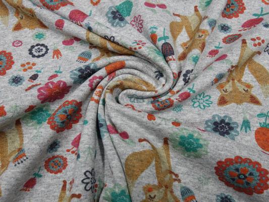 Fabric cotton french terry sweatshirt fabric with foxes flower design gray melange colorful dress fabric children's fabric