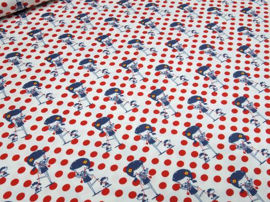Stoff Baumwolle Jersey mit Mädchen Hunde Punkte Design weiß rot blau gelb Kleiderstoff Kinderstoff​