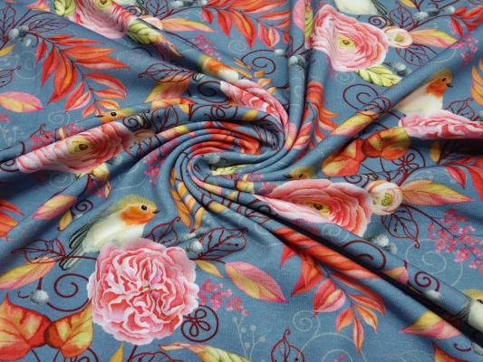 Fabric cotton jersey with flowers leaves birds design gray orange pink colorful children's fabric dress fabric