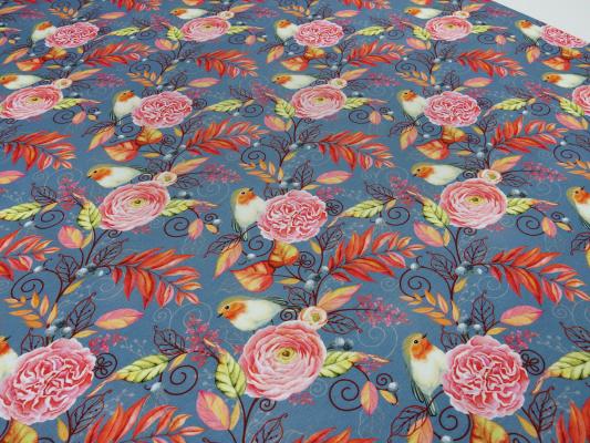 Fabric cotton jersey with flowers leaves birds design gray orange pink colorful children's fabric dress fabric