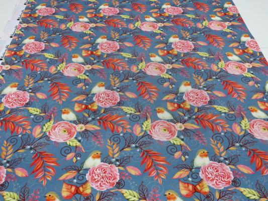 Fabric cotton jersey with flowers leaves birds design gray orange pink colorful children's fabric dress fabric