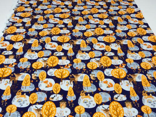 Stoff Baumwolle Jersey mit Waldtiere Hirsche Füchse Eulen Hasen Bäume Design marine-blau braun orange beige grau Kinderstoff Kleiderstoff