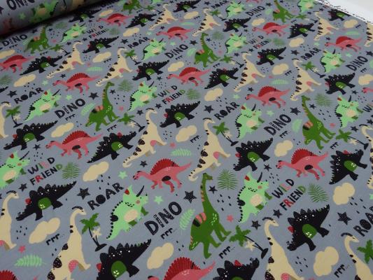 Stoff Baumwolle French Terry Sweatshirtstoff Dino Dinosaurier Design grau grün rot beige schwarz Kinderstoff Kleiderstoff