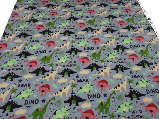 Stoff Baumwolle French Terry Sweatshirtstoff Dino Dinosaurier Design grau grün rot beige schwarz Kinderstoff Kleiderstoff
