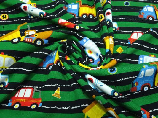 Fabric cotton jersey with car poilzeiauto trucks concrete mixer design green yellow blue colorful children's fabric dress fabric