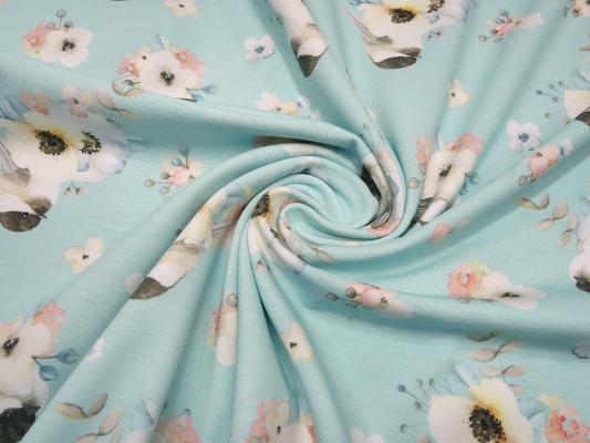 Stoff Baumwolle Jersey mit Vögel Spatzen Blumen Design hellblau weiss rosa braun sand Kinderstoff Kleiderstoff
