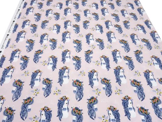 Stoffreststück 20 cm x 145 cm Baumwolle Jersey mit Pferde Pony Pferdekopf Design rosa blau bunt Kinderstoff Kleiderstoff