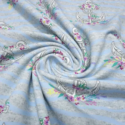 Stoff Sommer Sweatshirtstoff French Terry mit trendy Maritim Anker Blumen Wellen Design hellgrau melange hellblau weiß bunt Kleiderstoff Kinderstoff