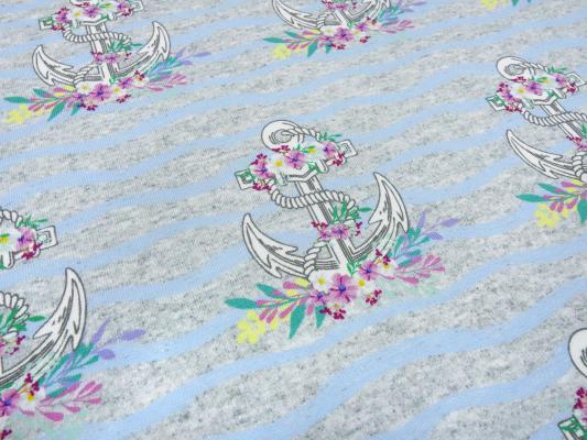 Fabric summer sweatshirt fabric French Terry with trendy maritime anchor flowers waves design light gray melange light blue white colorful dress fabric kids fabric