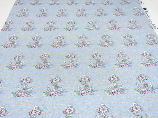 Fabric summer sweatshirt fabric French Terry with trendy maritime anchor flowers waves design light gray melange light blue white colorful dress fabric kids fabric