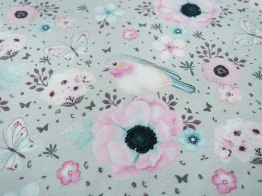 Stoff Baumwolle Jersey Panel Vögel Blumenmuster Design grau rosa blau weiß bunt Kinderstoff Kleiderstoff 0,75 m x 1,40 m