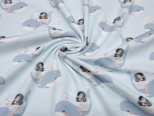 Fabric cotton jersey with whale girl hearts design light blue gray white pink girl fabric children's fabric dress fabric