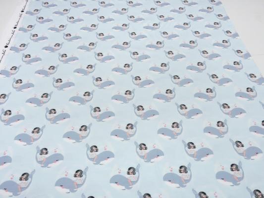 Fabric cotton jersey with whale girl hearts design light blue gray white pink girl fabric children's fabric dress fabric