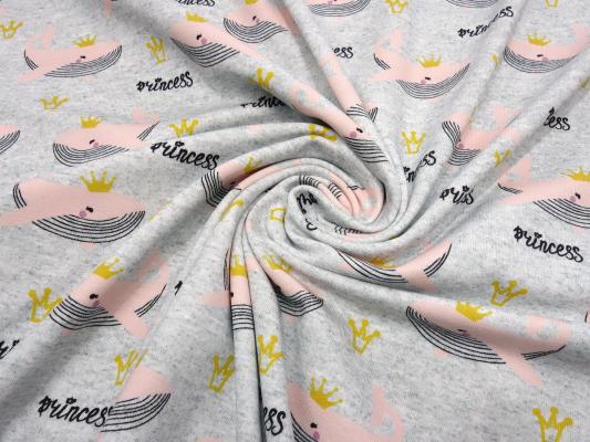 Fabric cotton jersey with whale princess crown design grey melange pink black gold children's fabric dress fabric
