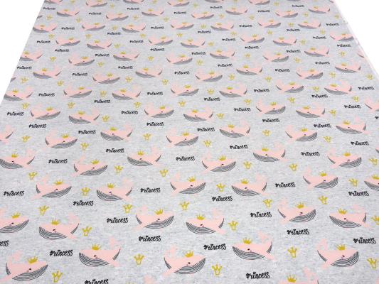 Fabric cotton jersey with whale princess crown design grey melange pink black gold children's fabric dress fabric
