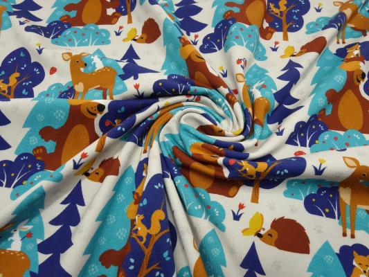 Stoff Baumwolle Jersey mit Waldtiere Rehe Bären Füchse Igel Hasen Design beige blau türkis braun bunt Kinderstoff Kleiderstoff