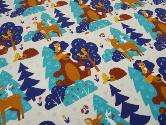 Stoff Baumwolle Jersey mit Waldtiere Rehe Bären Füchse Igel Hasen Design beige blau türkis braun bunt Kinderstoff Kleiderstoff