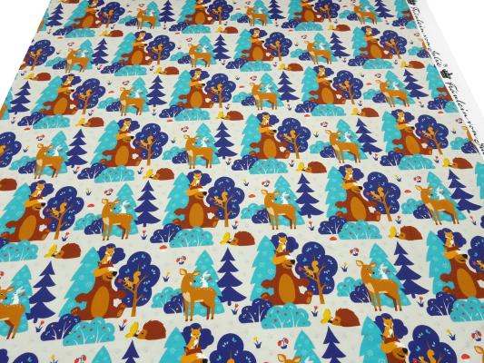 Stoff Baumwolle Jersey mit Waldtiere Rehe Bären Füchse Igel Hasen Design beige blau türkis braun bunt Kinderstoff Kleiderstoff