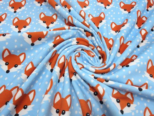 Fabric cotton jersey with foxes fox head design blue white orange children's fabric dress fabric