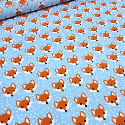 Fabric cotton jersey with foxes fox head design blue white orange children's fabric dress fabric