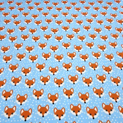 Fabric cotton jersey with foxes fox head design blue white orange children's fabric dress fabric