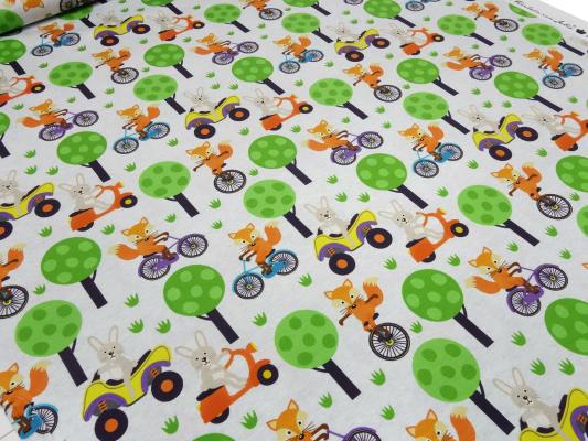Stoff Baumwolle Jersey mit Füchse Hasen Design grau melange orange grün bunt Kleiderstoff Kinderstoff