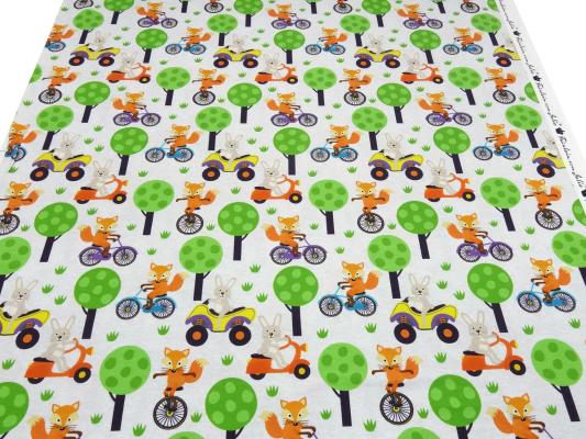 Stoff Baumwolle Jersey mit Füchse Hasen Design grau melange orange grün bunt Kleiderstoff Kinderstoff