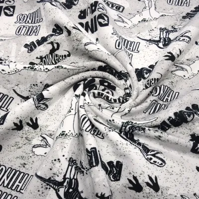 Fabric cotton french terry sweatshirt fabric dino dinosaur design black white gray children's fabric dress fabric