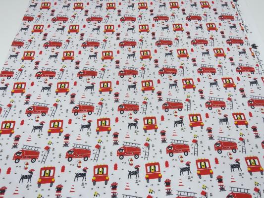 Stoff Baumwolle Jersey mit Feuerwehr Hunde Dalmatiner Design hellgrau rot gelb schwarz bunt Kinderstoff Kleiderstoff