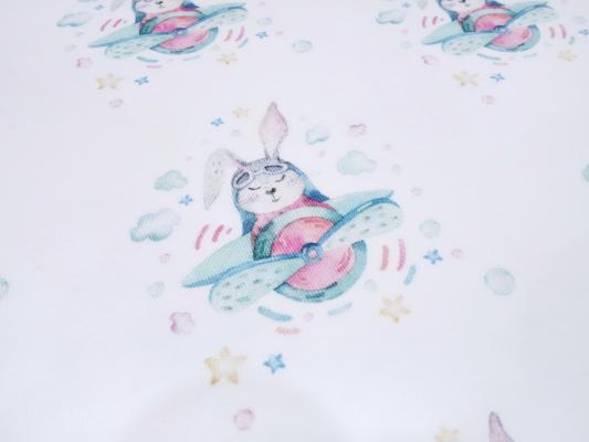 Stoff Baumwolle French Terry Sweatshirtstoff Hasen Häschen Flieger Flugzeige Design weiß bunt Kinderstoff Kleiderstoff