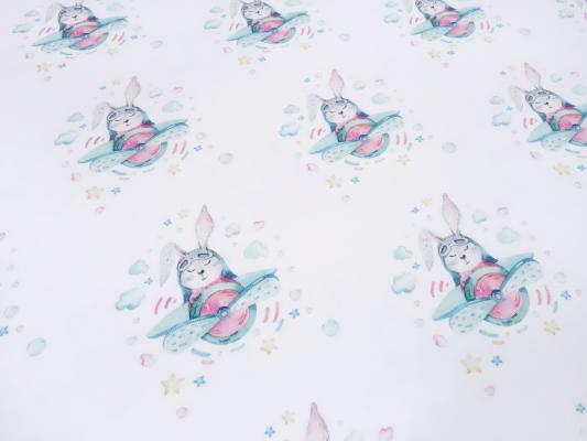 Stoff Baumwolle French Terry Sweatshirtstoff Hasen Häschen Flieger Flugzeige Design weiß bunt Kinderstoff Kleiderstoff