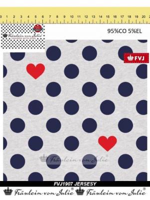 Fabric cotton jersey with dots dots hearts design light gray blue red dress fabric children's fabric