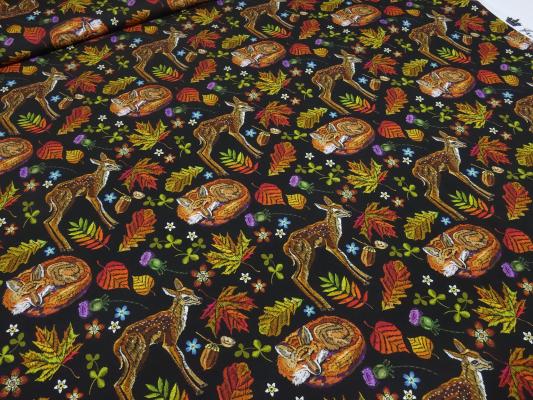 Stoff Baumwolle Jersey mit Waldtiere Rehe Füchse Blätter Herbst Design schwarz orange braun grün bunt Kinderstoffe Kleiderstoffe