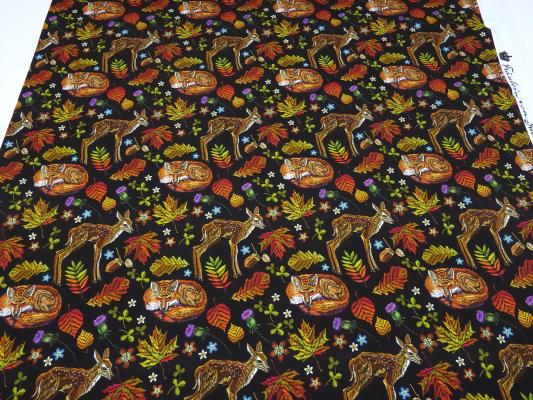 Stoff Baumwolle Jersey mit Waldtiere Rehe Füchse Blätter Herbst Design schwarz orange braun grün bunt Kinderstoffe Kleiderstoffe