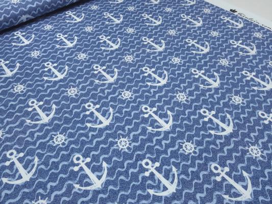 Stoff Baumwolle French Terry Sweatshirtstoff maritim Anker Wellen Design blau weiß Kleiderstoff Kinderstoff