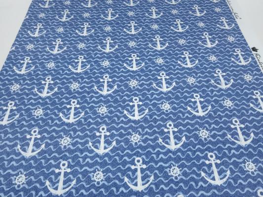 Stoff Baumwolle French Terry Sweatshirtstoff maritim Anker Wellen Design blau weiß Kleiderstoff Kinderstoff