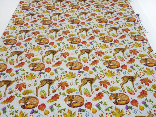 Stoff Baumwoll French Terry Sweatshirtstoff mit Rehe Füchse Herbst Blätter Design grau melange braun orange bunt Kinderstoff Kleiderstoff