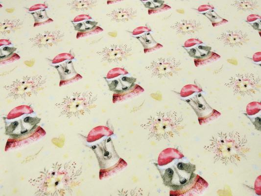 Stoff Baumwoll French Terry Sweatshirtstoff Weihnachten Rehe Waschbär Herzen Design vanille rot weiß braun beige bunt Kinderstoff Kleiderstoff