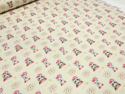 Stoff Baumwoll French Terry Sweatshirtstoff Weihnachten Rehe Waschbär Herzen Design vanille rot weiß braun beige bunt Kinderstoff Kleiderstoff