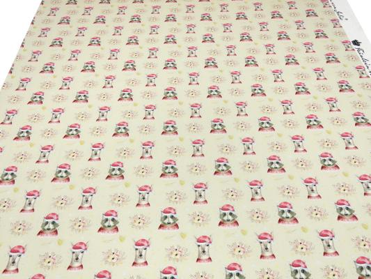 Stoff Baumwoll French Terry Sweatshirtstoff Weihnachten Rehe Waschbär Herzen Design vanille rot weiß braun beige bunt Kinderstoff Kleiderstoff