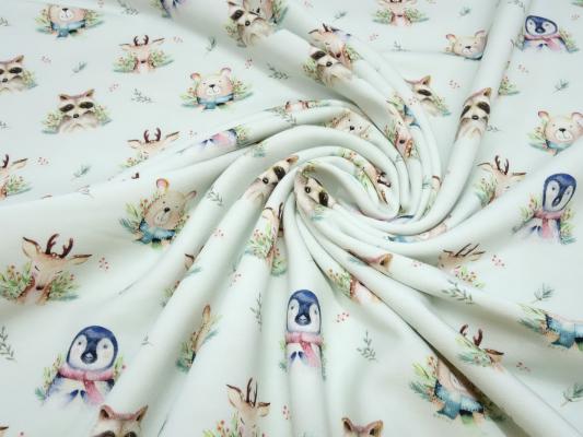 Stoff Baumwolle French Terry Sweatshirtstoff Waldtiere Hirsche Bären Pinguine Racoon Design mint grün braun bunt Kinderstoff Kleiderstoff