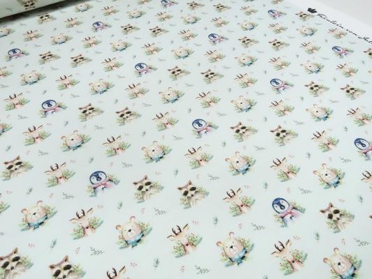 Stoff Baumwolle French Terry Sweatshirtstoff Waldtiere Hirsche Bären Pinguine Racoon Design mint grün braun bunt Kinderstoff Kleiderstoff